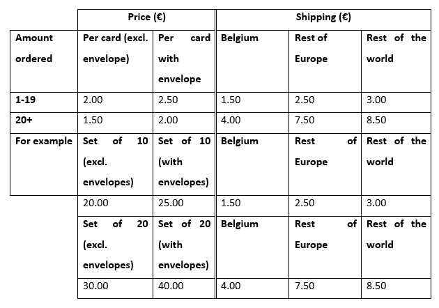 Table of prices: please feel free to contact me for a price calculation if you can't see the table.